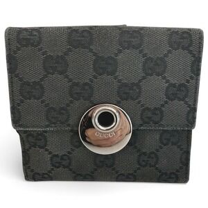 Gucci Vintage GG Canvas Black Leather Round Snap Bifold Wallet Made in Italy